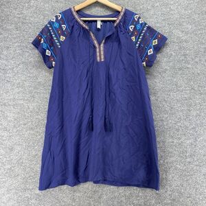 J Love Dress Women M Medium Blue Shift Short V-Neck Tasseled Short Sleeve Lined